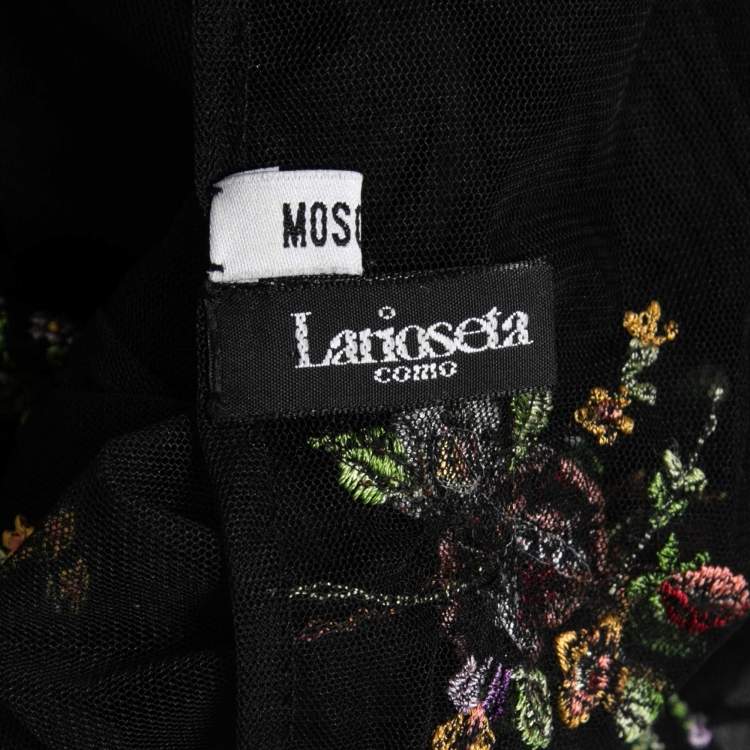 Pre Owned Moschino Black Floral Embroidered Mesh Ruffled Stole