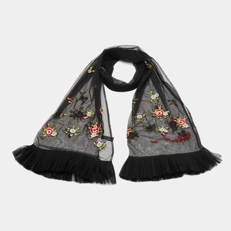 Pre Owned Moschino Black Floral Embroidered Mesh Ruffled Stole