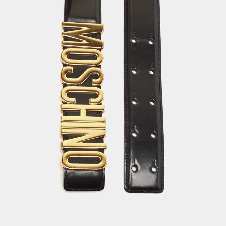 Pre Owned Moschino Black Glossy Leather Classic Logo Belt 95 CM