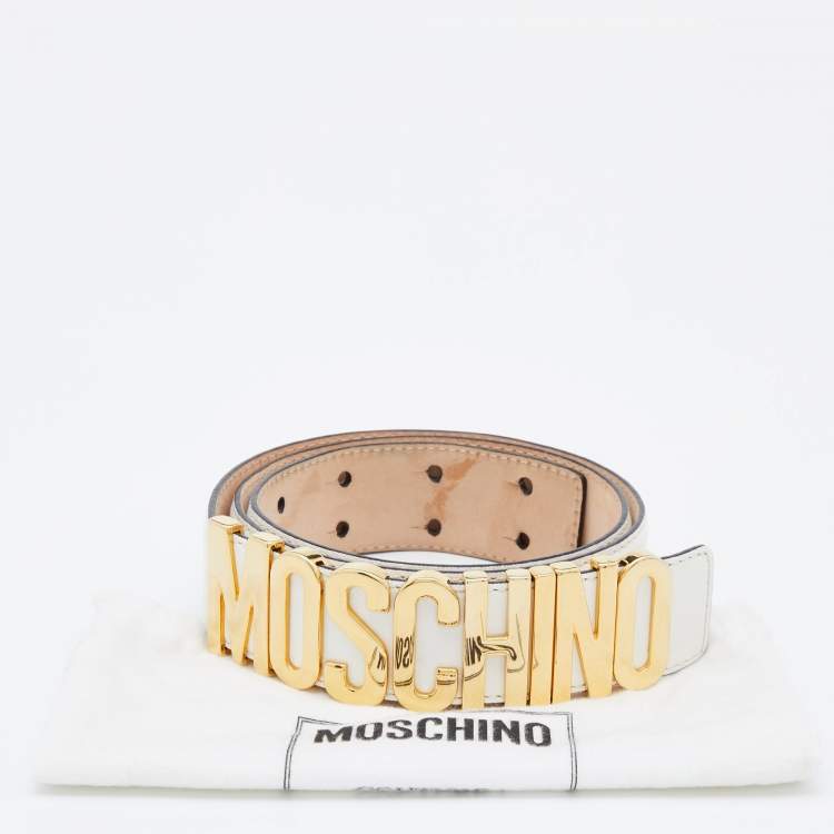 Pre Owned Moschino White Leather Classic Logo Waist Belt 