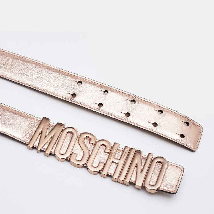 Pre Owned Moschino Rose Gold Leather Classic Logo Belt 90CM
