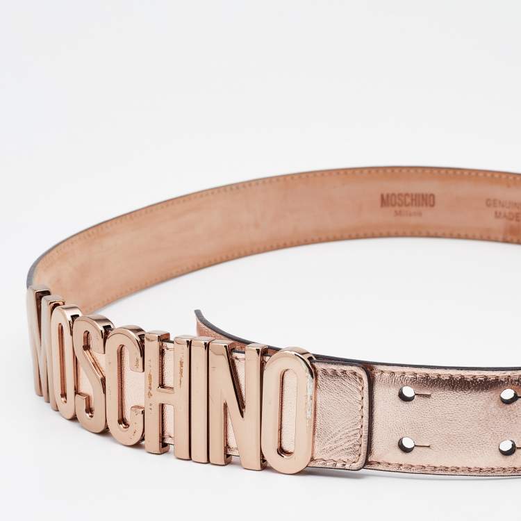 Pre Owned Moschino Rose Gold Leather Classic Logo Belt 90CM