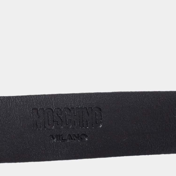 Pre Owned Moschino Black Leather Skinny Logo Belt 75CM