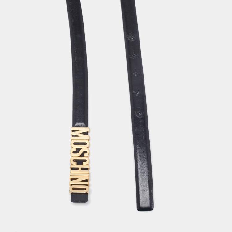 Pre Owned Moschino Black Leather Skinny Logo Belt 75CM