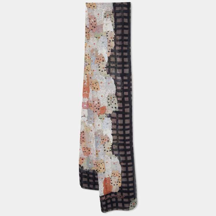 Pre Owned Moschino Black Moschinomiao Printed Silk Scarf
