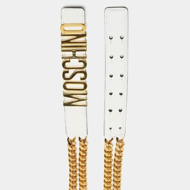 Pre Owned Moschino White Leather 30th Anniversary Chain Belt 100CM