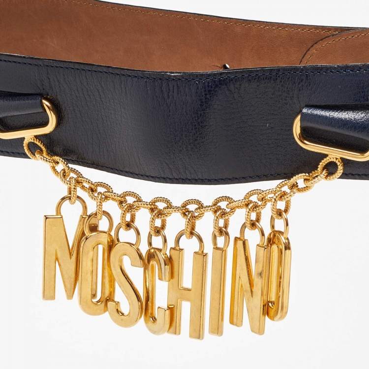 Pre Owned Moschino Blue Leather Logo Charm Waist Belt 70CM