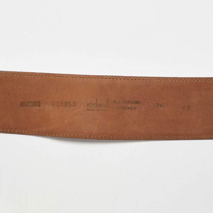 Pre Owned Moschino Blue Leather Logo Charm Waist Belt 70CM