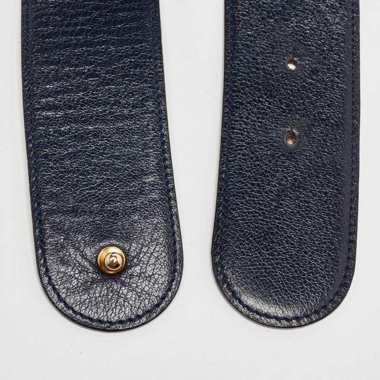 Pre Owned Moschino Blue Leather Logo Charm Waist Belt 70CM