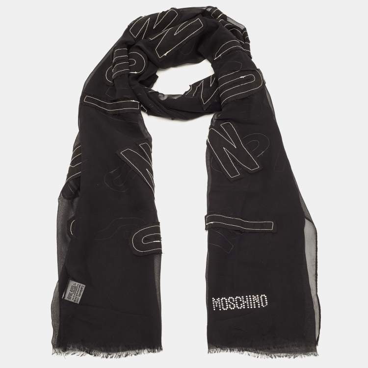 Pre Owned Moschino Black Logo Stitch Detailed Cotton Blend Scarf 