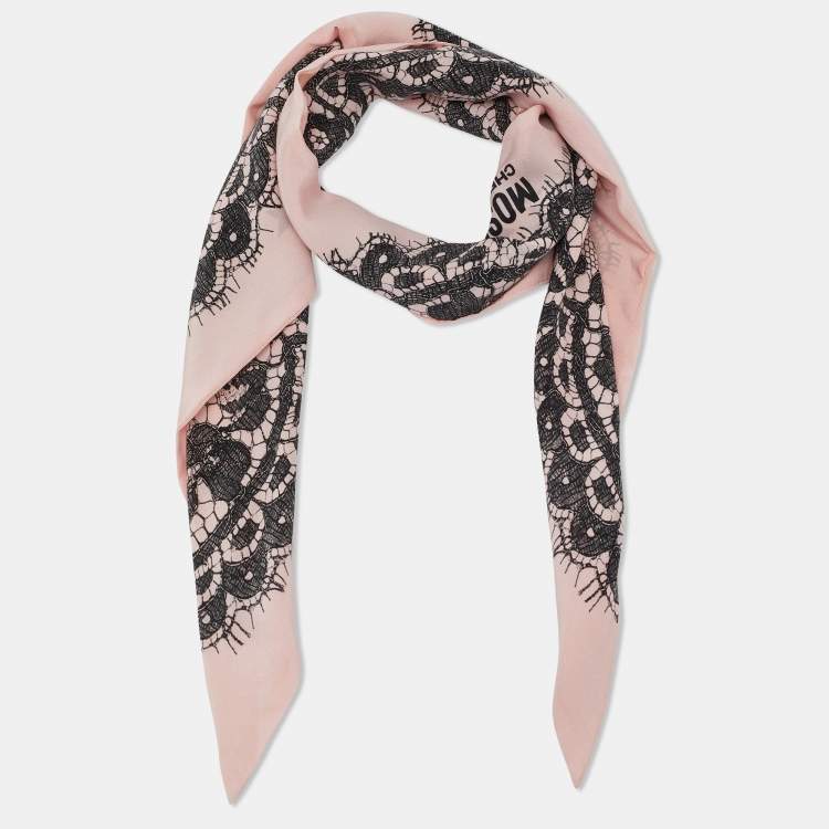 Pre Owned Moschino Pink Lace Printed Silk Triangular Scarf