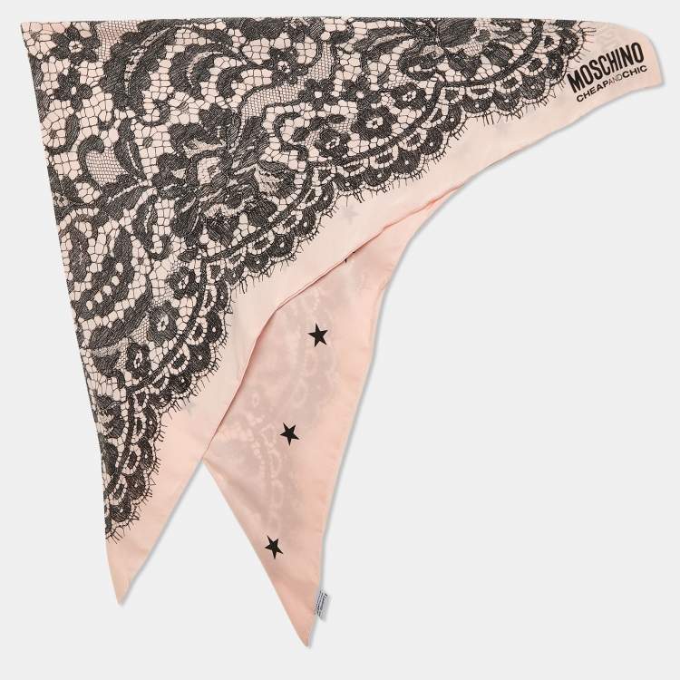 Pre Owned Moschino Pink Lace Printed Silk Triangular Scarf