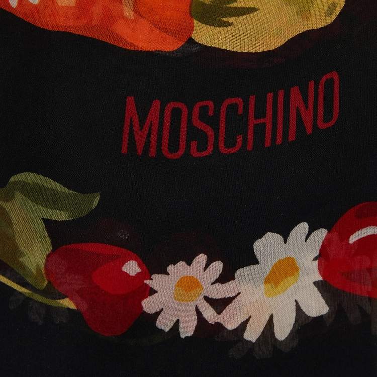 Pre Owned Moschino Black Floral Logo Print Silk Stole