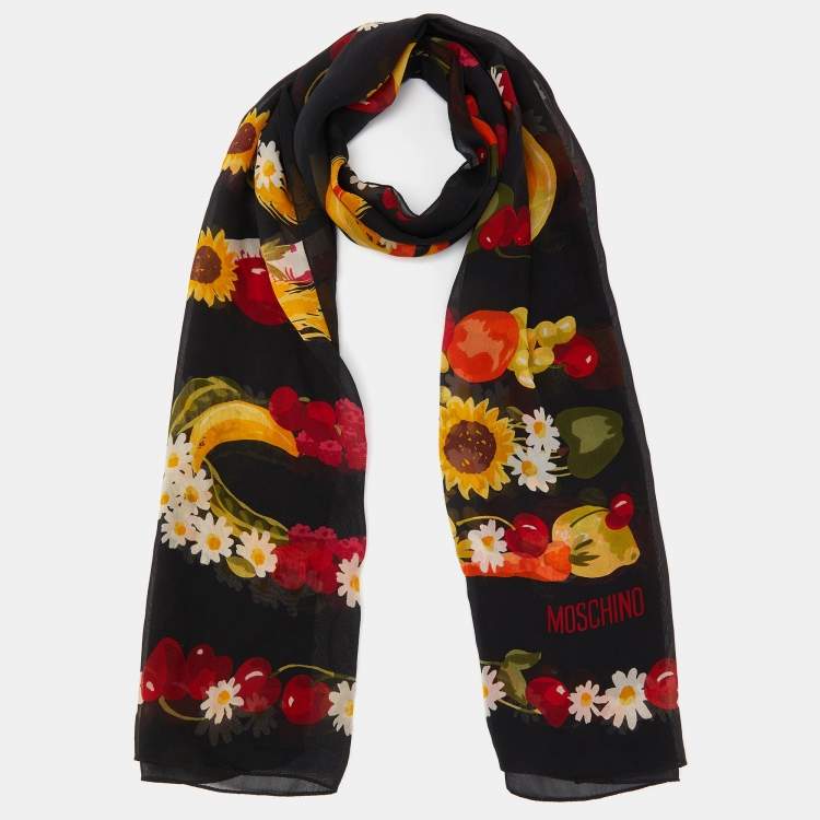 Pre Owned Moschino Black Floral Logo Print Silk Stole