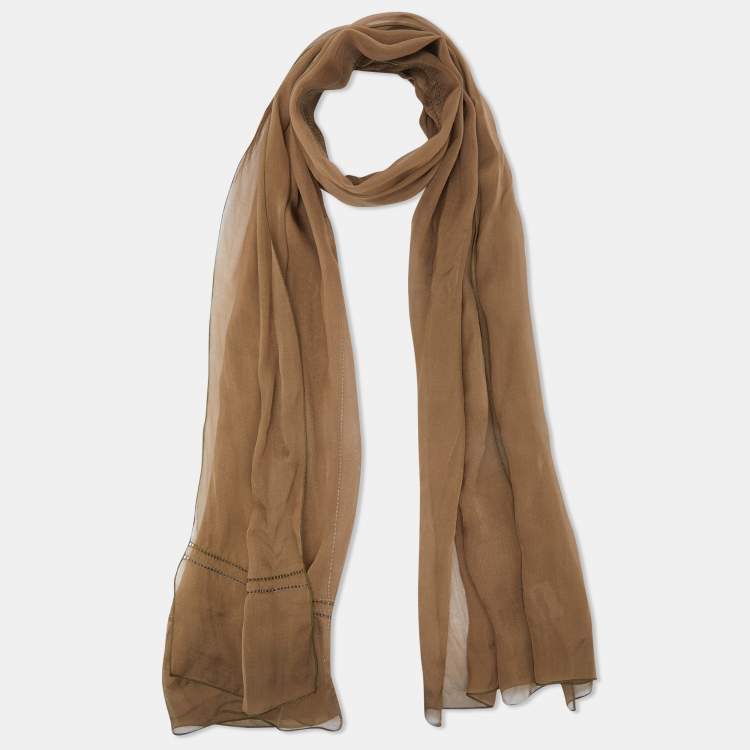Pre Owned Moschino Khaki Embroidered Detail Silk Stole 