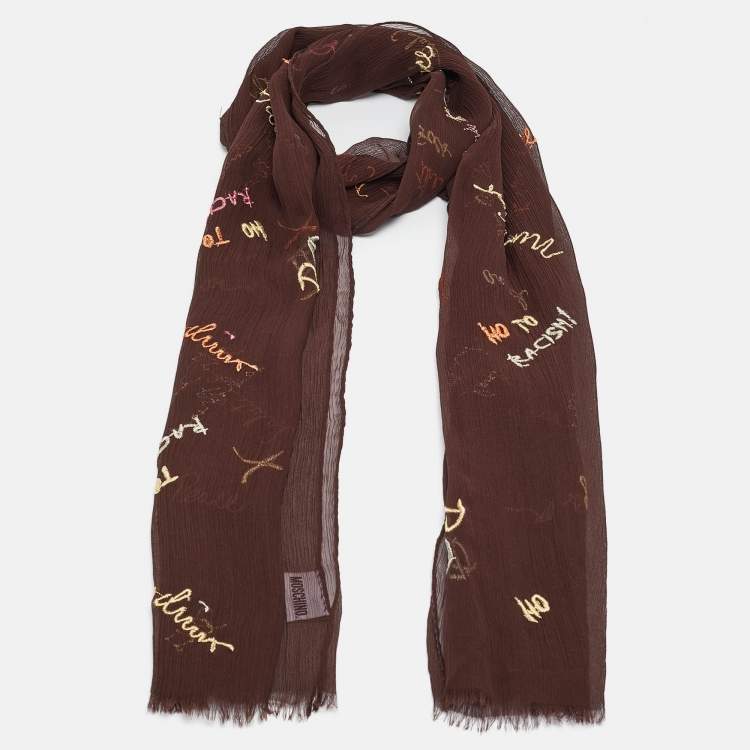Pre Owned Moschino Larioseta Brown Text Embroidery Silk Blend Scarf