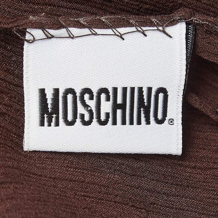Pre Owned Moschino Larioseta Brown Text Embroidery Silk Blend Scarf