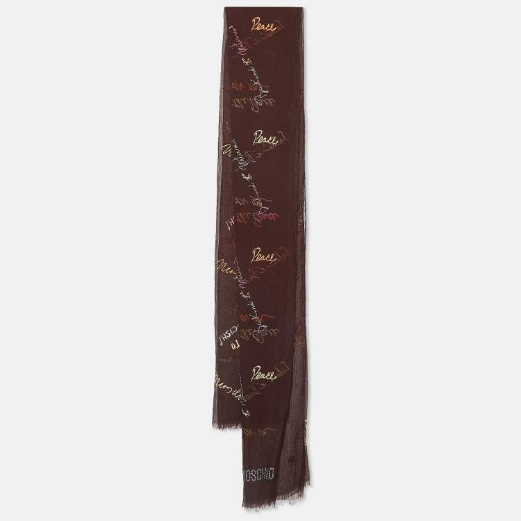 Moschino Larioseta Brown Text Embroidery Silk Blend Scarf Moschino TLC