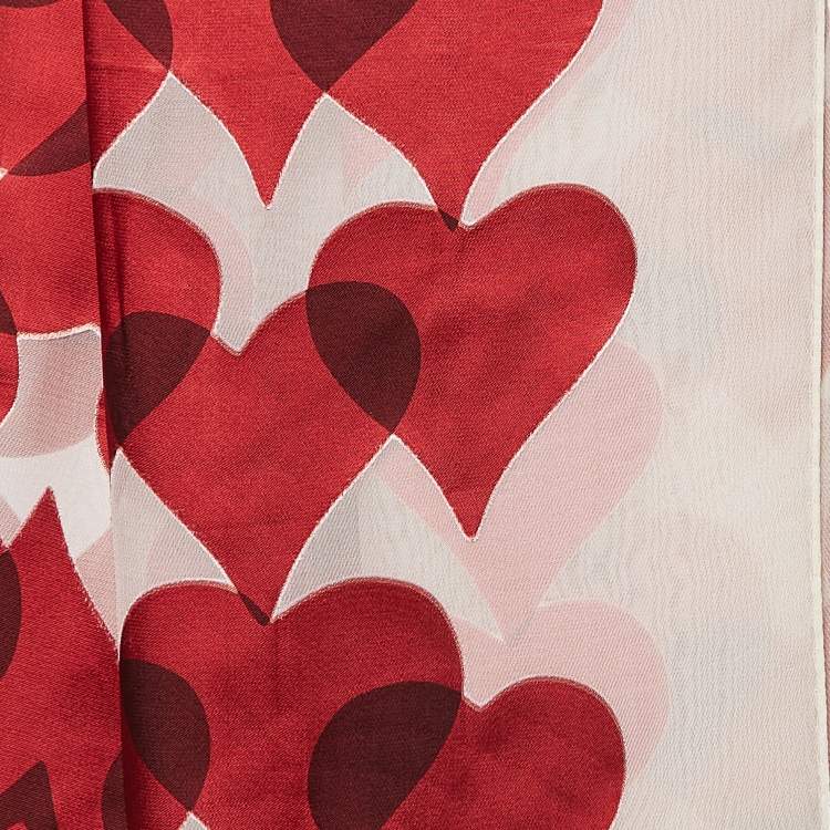 Pre Owned Moschino Larioseta Red Hearts Satin Trim Silk Scarf