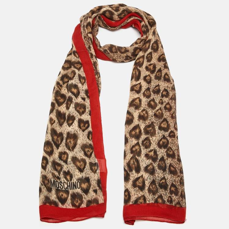 Pre Owned Moschino Larioseta Brown/Red Leopard Print Silk Scarf