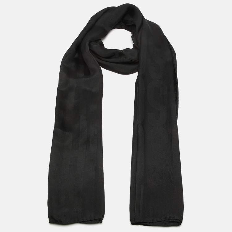 Pre Owned Moschino Larioseta Black Logo Pattern Silk Scarf