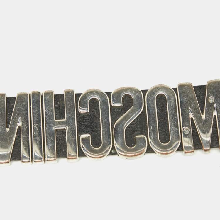 Pre Owned Moschino Black Leather Classic Logo Buckle Bracelet 