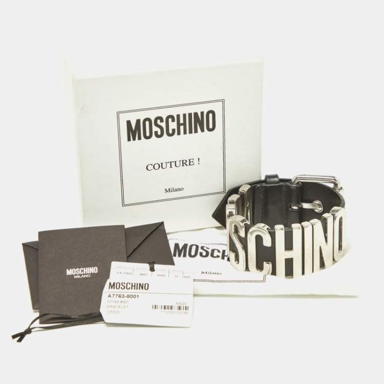 Pre Owned Moschino Black Leather Classic Logo Buckle Bracelet 