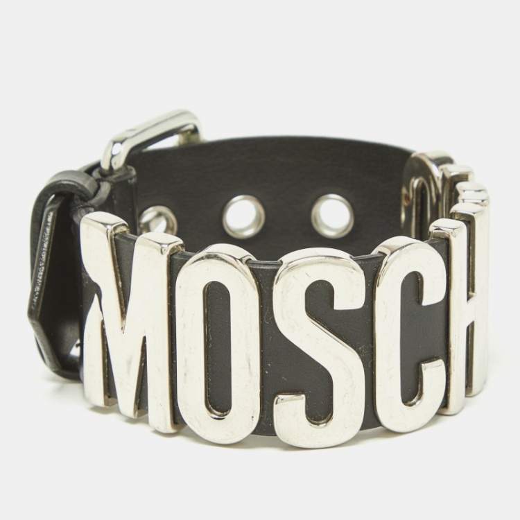 Pre Owned Moschino Black Leather Classic Logo Buckle Bracelet 