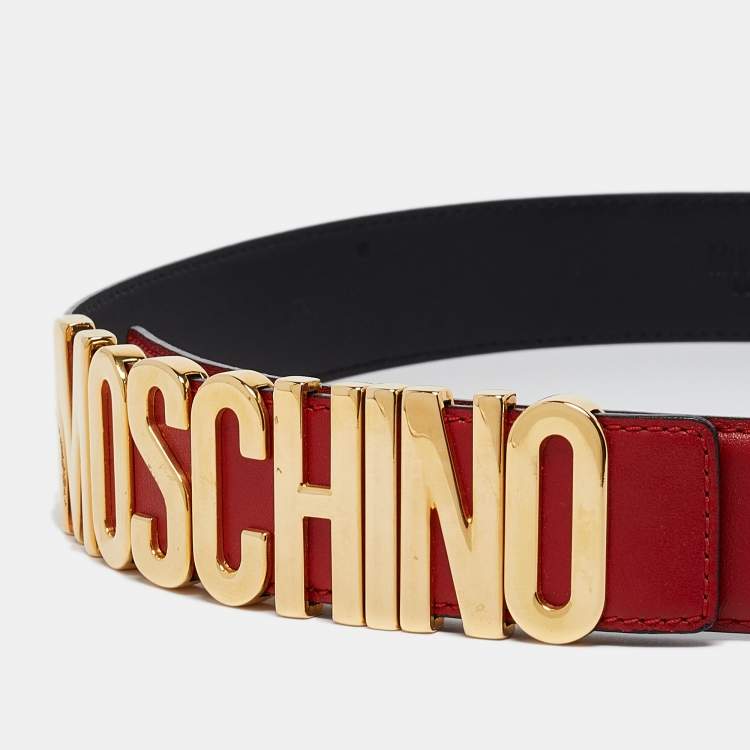 Pre Owned Moschino Red Leather Classic Logo Waist Belt