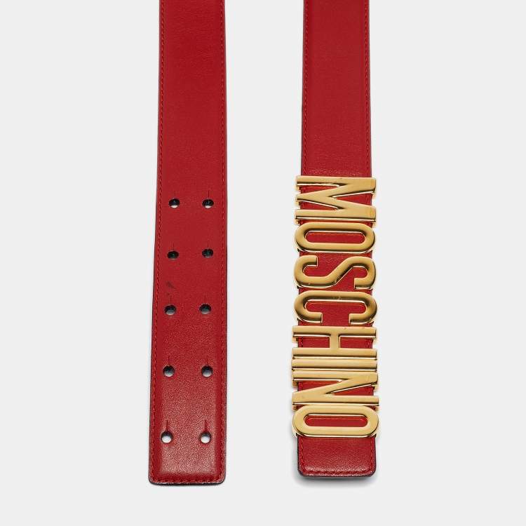 Pre Owned Moschino Red Leather Classic Logo Waist Belt