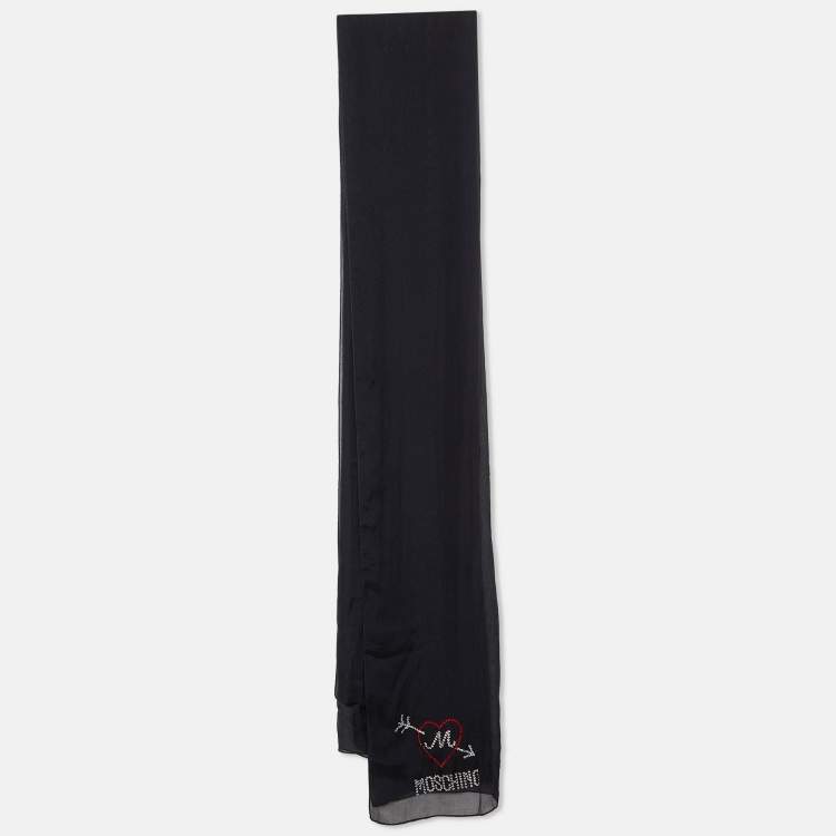 Pre Owned Moschino Black Logo Detail Silk Chiffon Stole