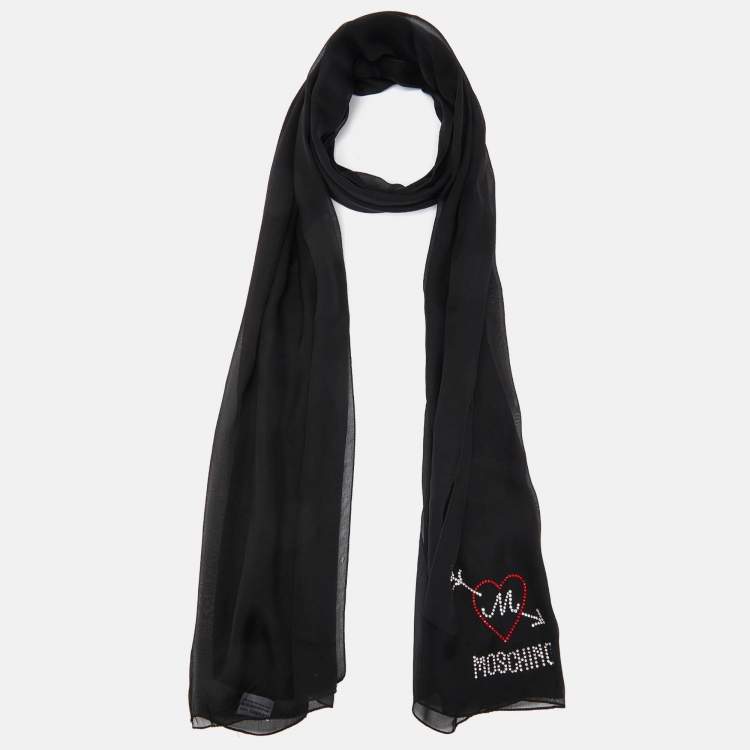 Pre Owned Moschino Black Logo Detail Silk Chiffon Stole