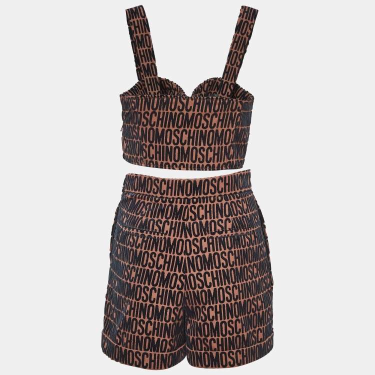 Pre Owned Moschino Brown Monogram Embossed Cotton Blend Shorts Set S