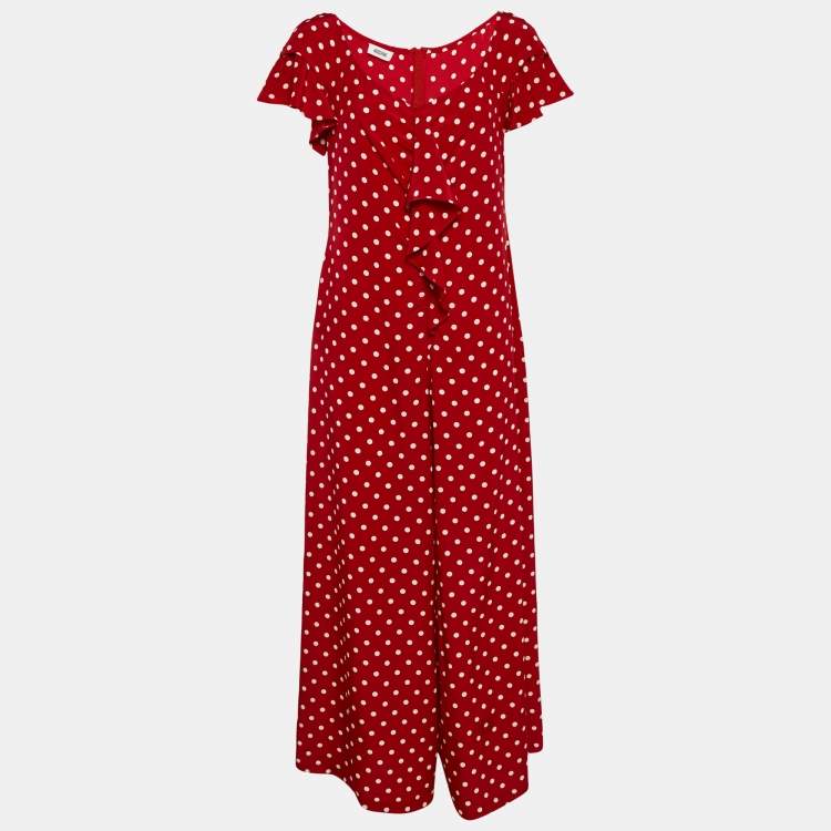 Pre Owned Moschino Red Polka Dot Print Silk Ruffled Jumpsuit L