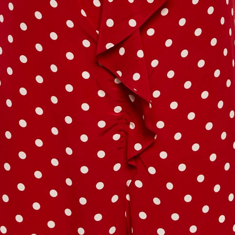 Pre Owned Moschino Red Polka Dot Print Silk Ruffled Jumpsuit L