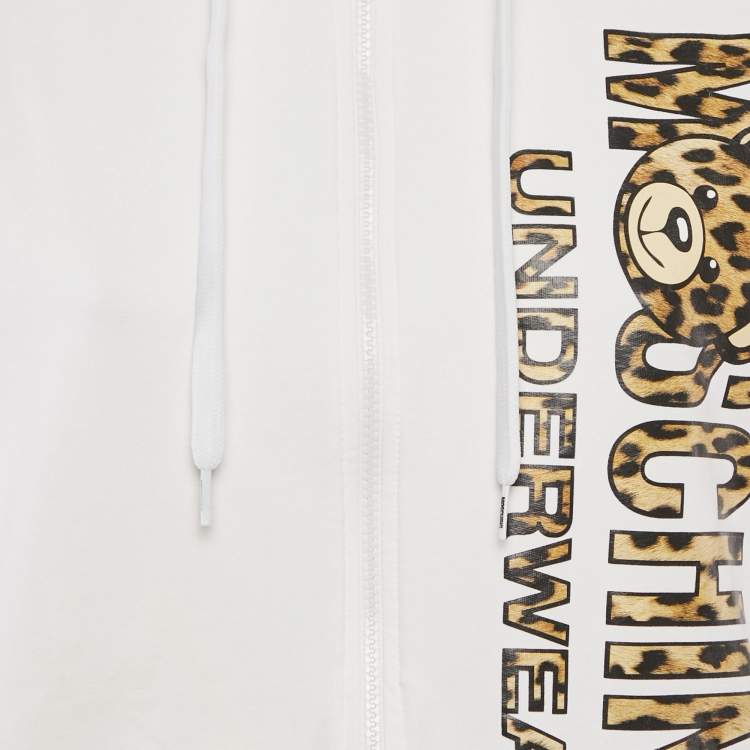 Pre Owned Moschino White Logo Print Cotton Knit Zip-Up Hoodie Jacket XL