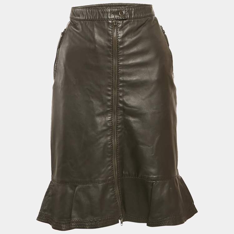 Pre Owned Moschino Brown Leather Flounce Hem Knee Length Skirt L