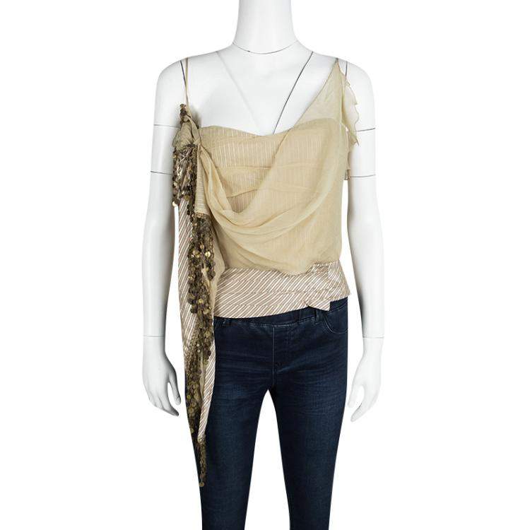 Pre Owned Moschino Striped Silk Chiffon Overlay Embellished Crop Top L