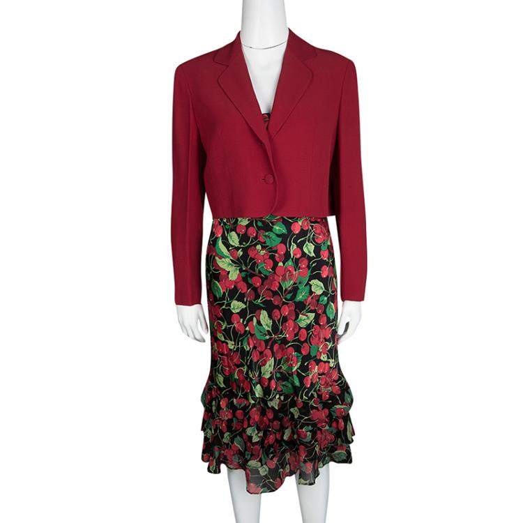 Pre Owned  Moschino Couture Multicolor Cherry Print Bottom Ruffle Detail Dress and Blazer Set M