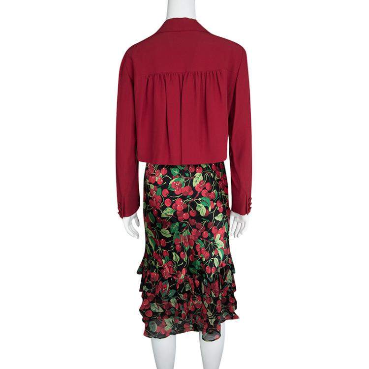 Pre Owned  Moschino Couture Multicolor Cherry Print Bottom Ruffle Detail Dress and Blazer Set M