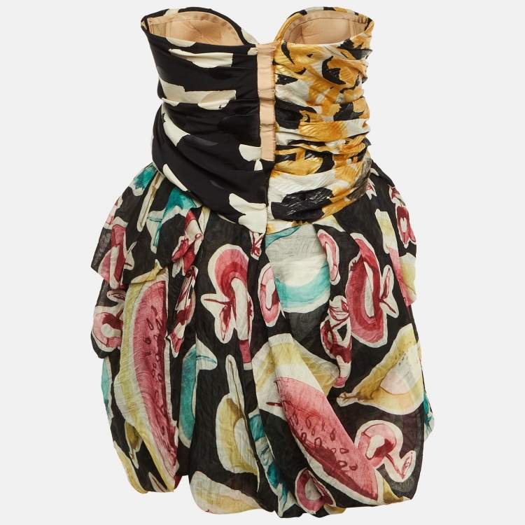 Pre Owned Moschino Black Printed Silk Strapless Mini Dress M