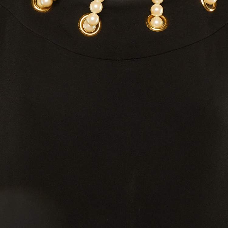 Pre Owned Moschino Black Crepe Pearl Detail Short Dress L