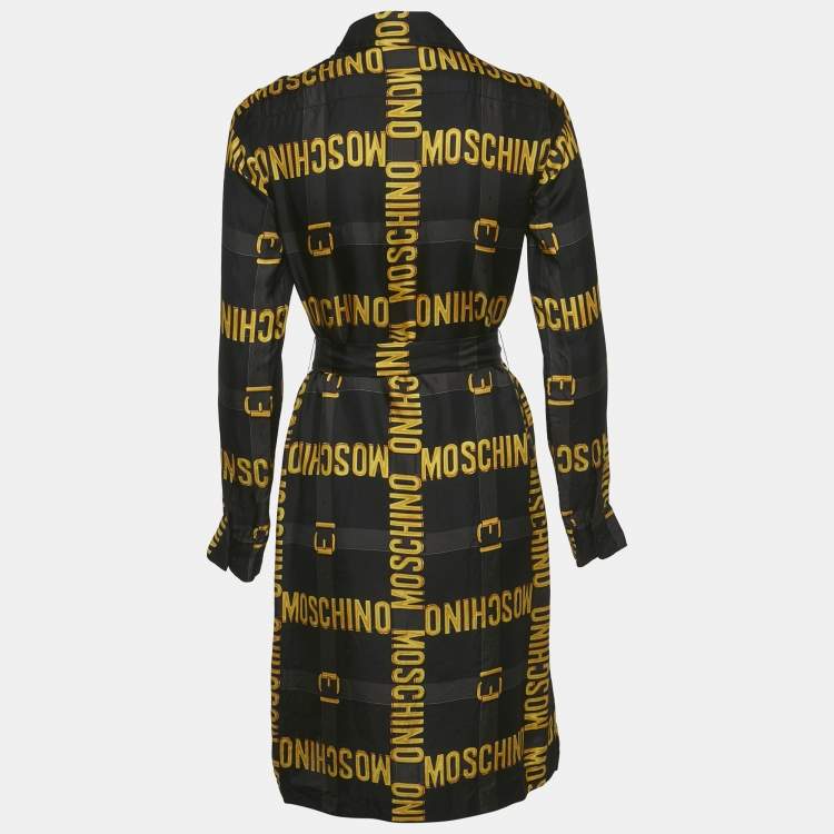 Pre Owned Moschino Couture Black Logo Printed Silk Belted Shirt Dress S
