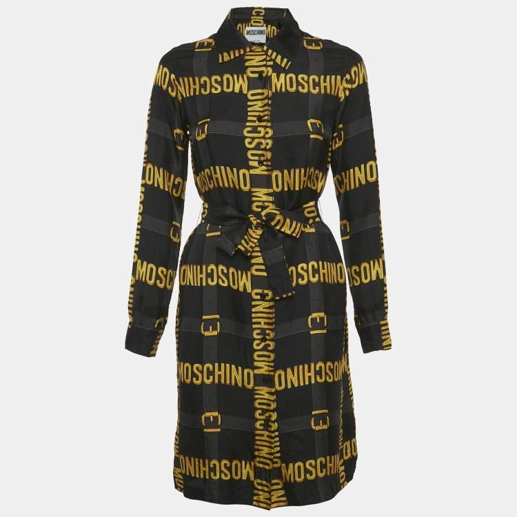 Pre Owned Moschino Couture Black Logo Printed Silk Belted Shirt Dress S