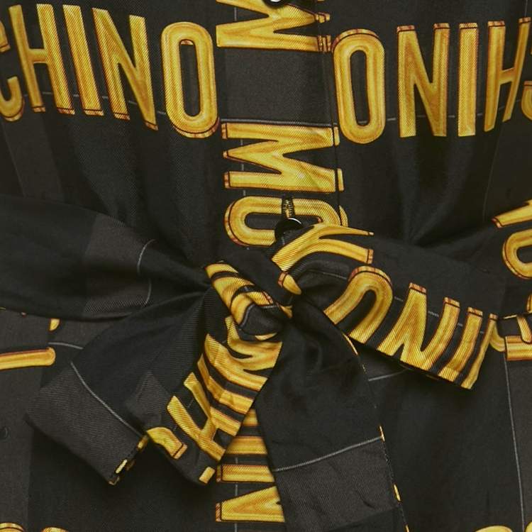 Pre Owned Moschino Couture Black Logo Printed Silk Belted Shirt Dress S