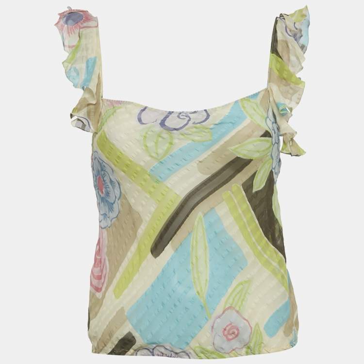 مملوكة مسبقًا Moschino Multicolor Printed Silk Ruffe Sleeve Sheer Top M