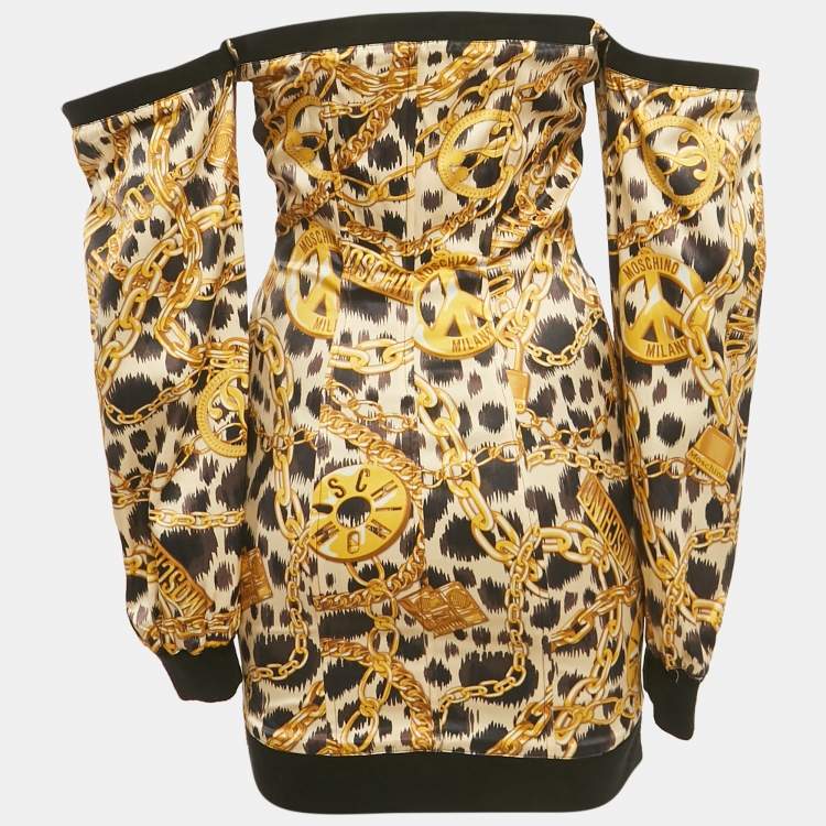 Pre Owned Moschino x H&M Yellow Printed Satin Off-Shoulder Mini Dress XS