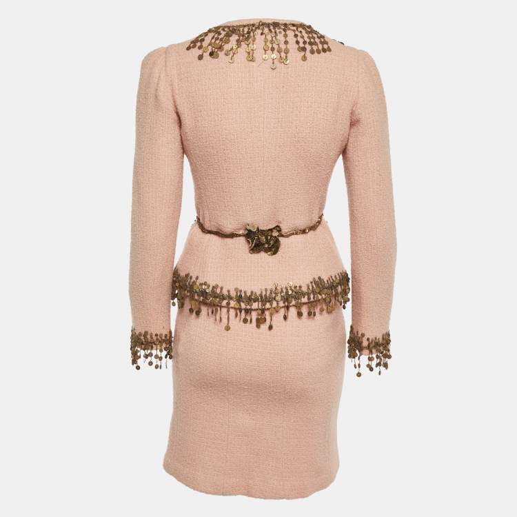 Pre Owned Moschino Peach Tweed Gypsy Sequin Blazer and Mini Skirt Suit S