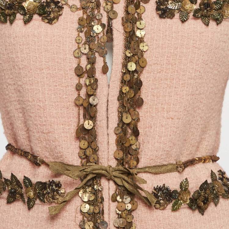 Pre Owned Moschino Peach Tweed Gypsy Sequin Blazer and Mini Skirt Suit S