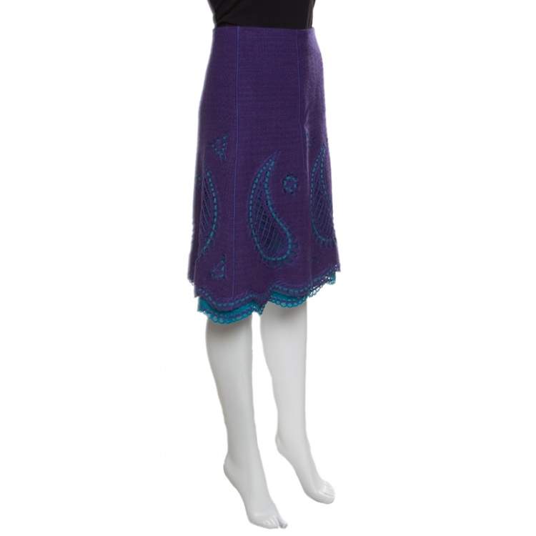 Pre Owned Moschino Purple Wool Cutout Paisley and Floral Motif Detail Skirt M